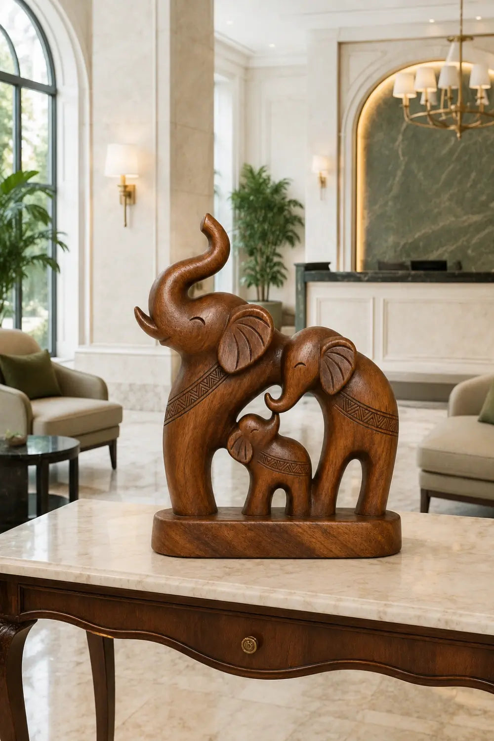 Handcrafted Wood Elephant Trio Sculpture | Lucky Family Statue Art