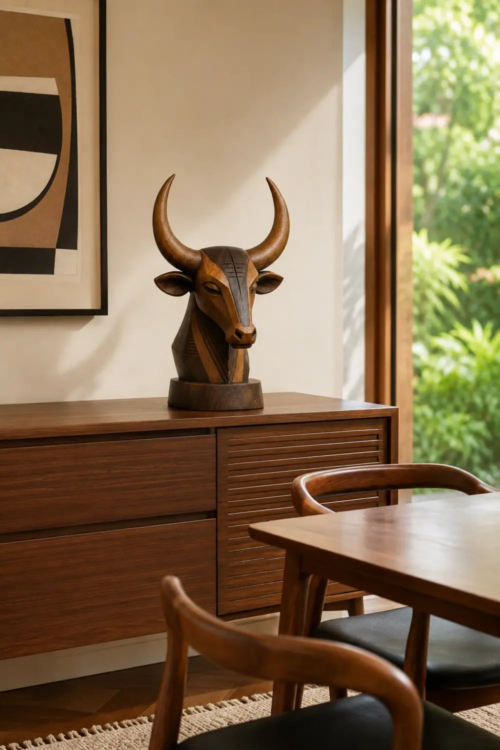 Carved Wood Bull Head Statue | Longhorn Bust Sculpture | Rustic Ranch Decor