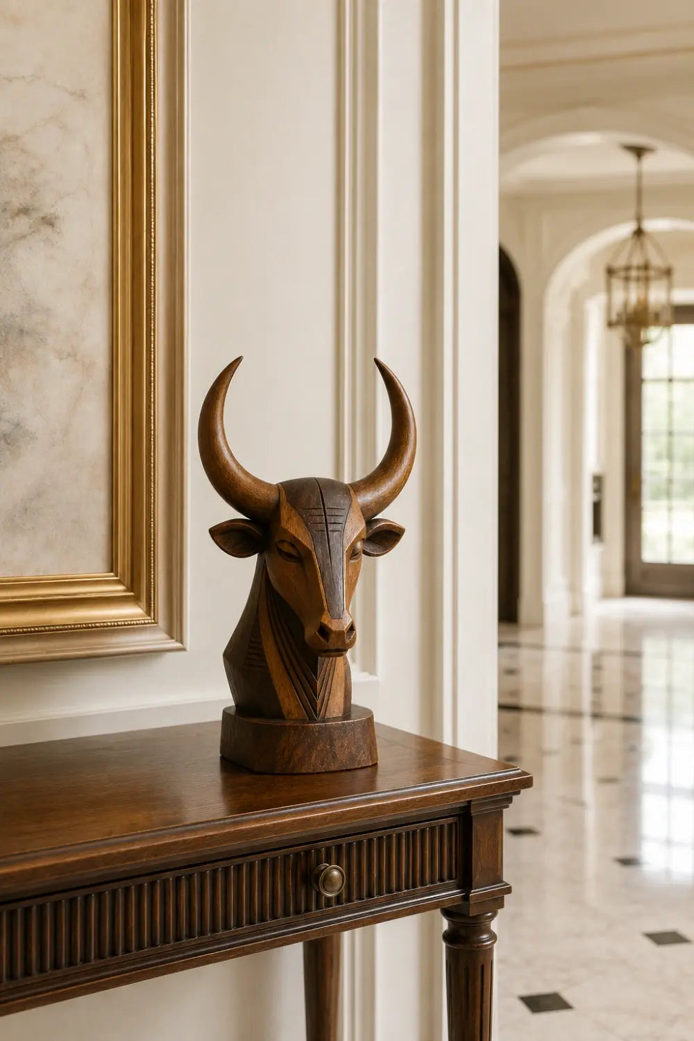 Carved Wood Bull Head Statue | Longhorn Bust Sculpture | Rustic Ranch Decor