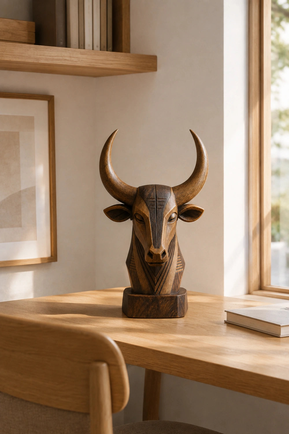Carved Wood Bull Head Statue | Longhorn Bust Sculpture | Rustic Ranch Decor