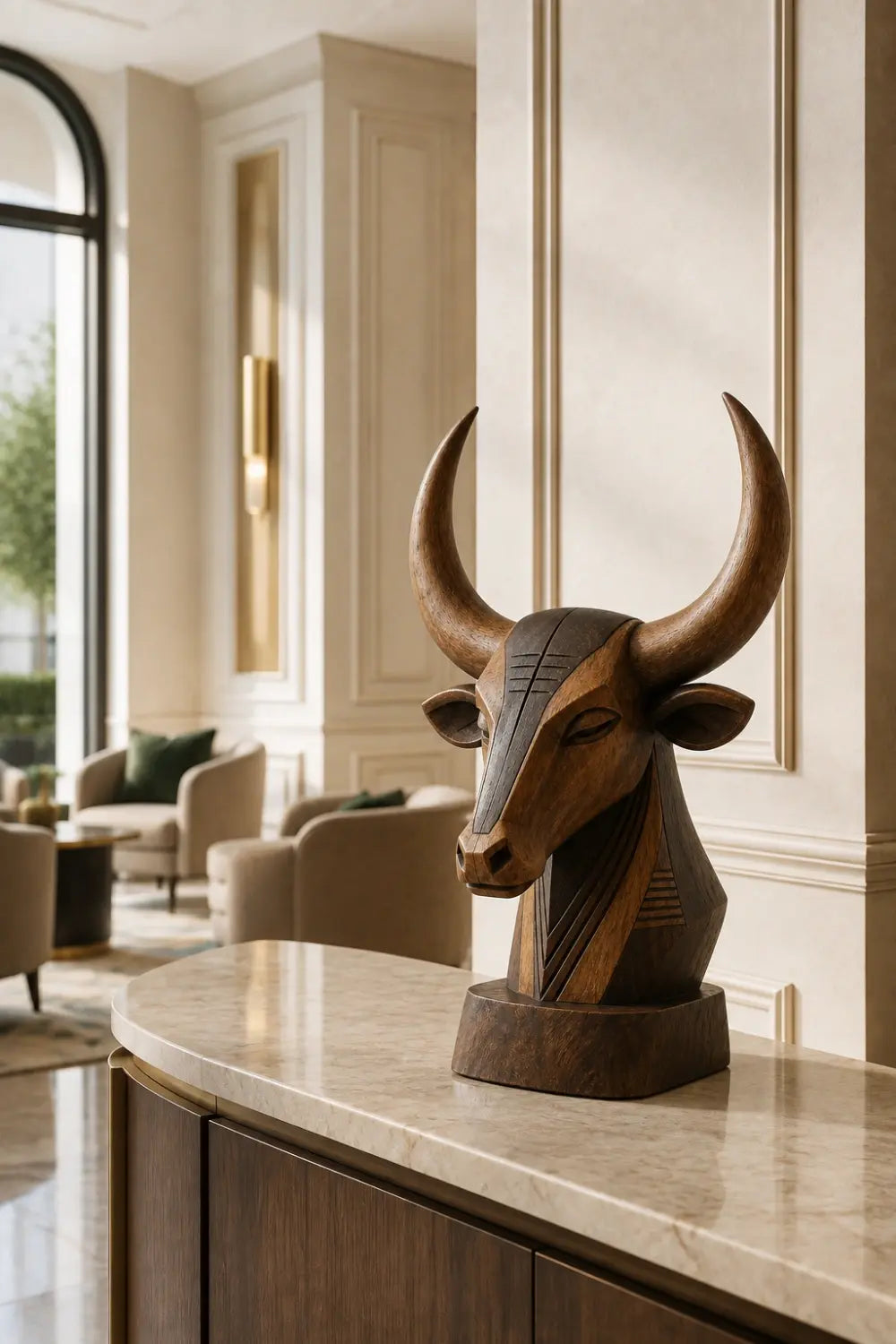 Carved Wood Bull Head Statue | Longhorn Bust Sculpture | Rustic Ranch Decor