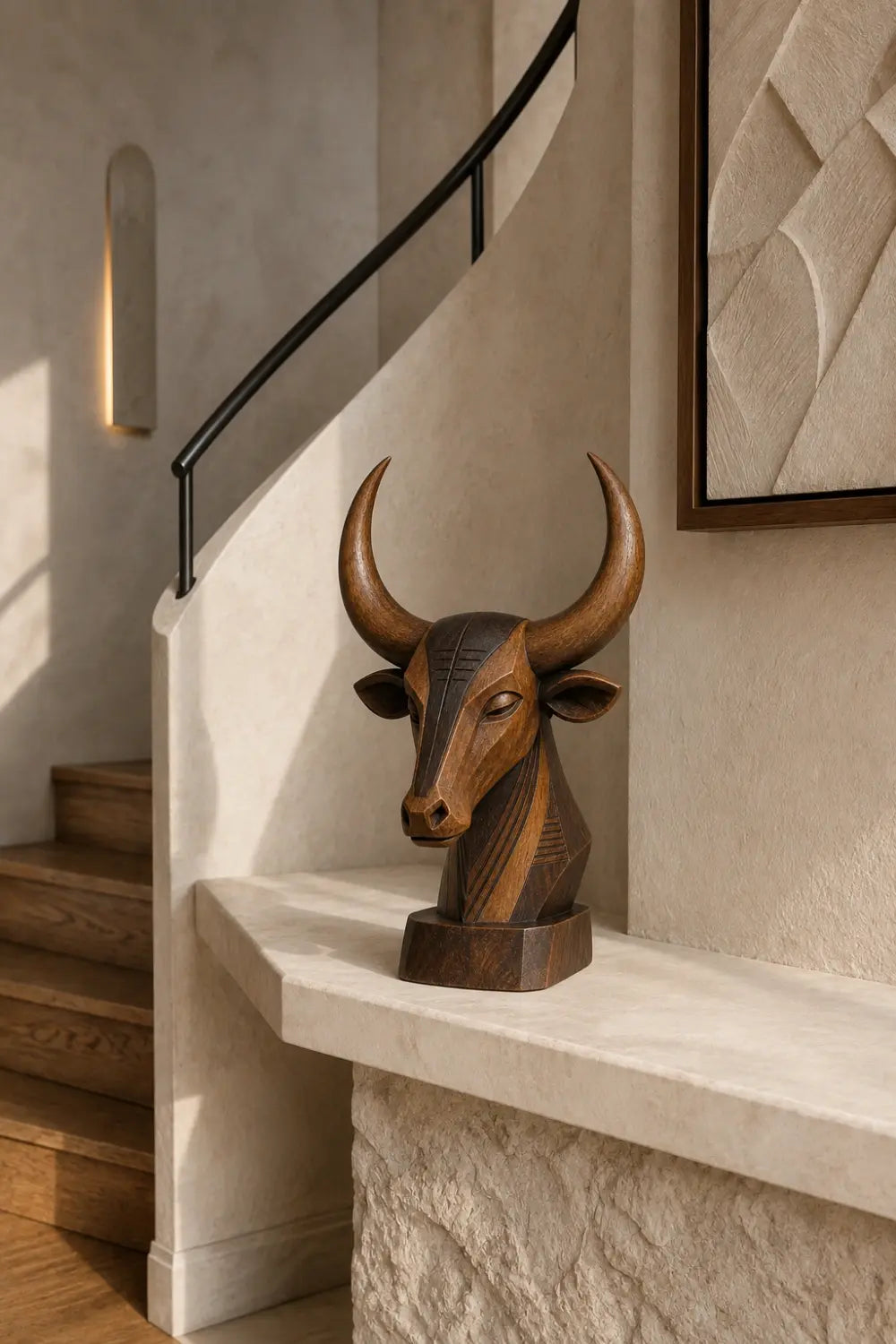 Carved Wood Bull Head Statue | Longhorn Bust Sculpture | Rustic Ranch Decor