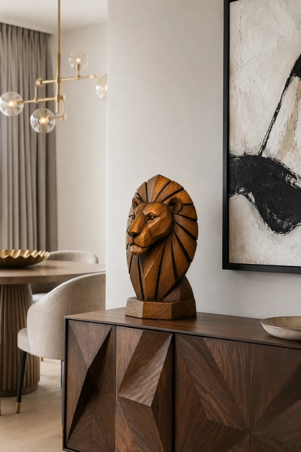 Geometric Wooden Lion Head Sculpture | Hand Carved Abstract Animal Accent