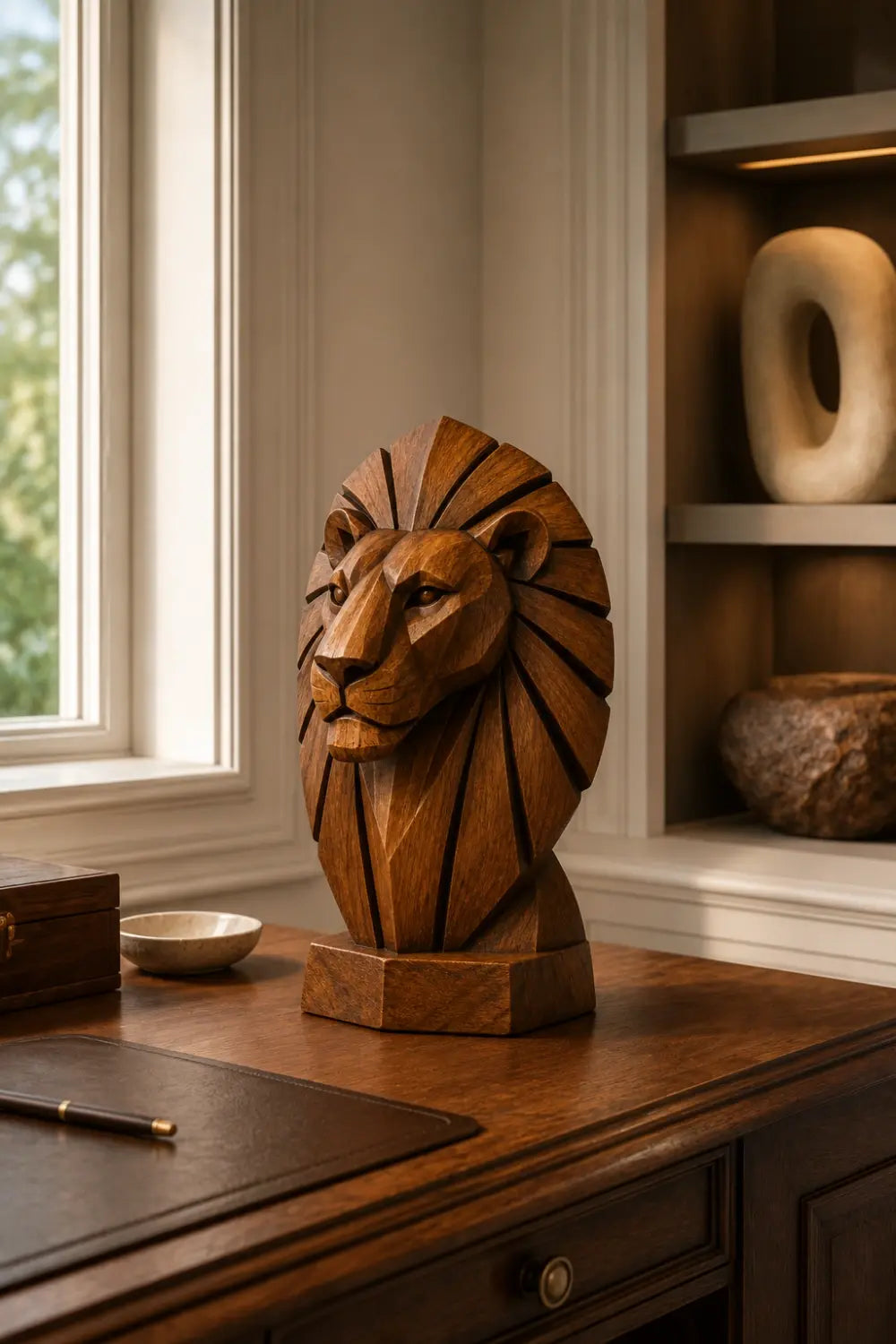 Geometric Wooden Lion Head Sculpture | Hand Carved Abstract Animal Accent