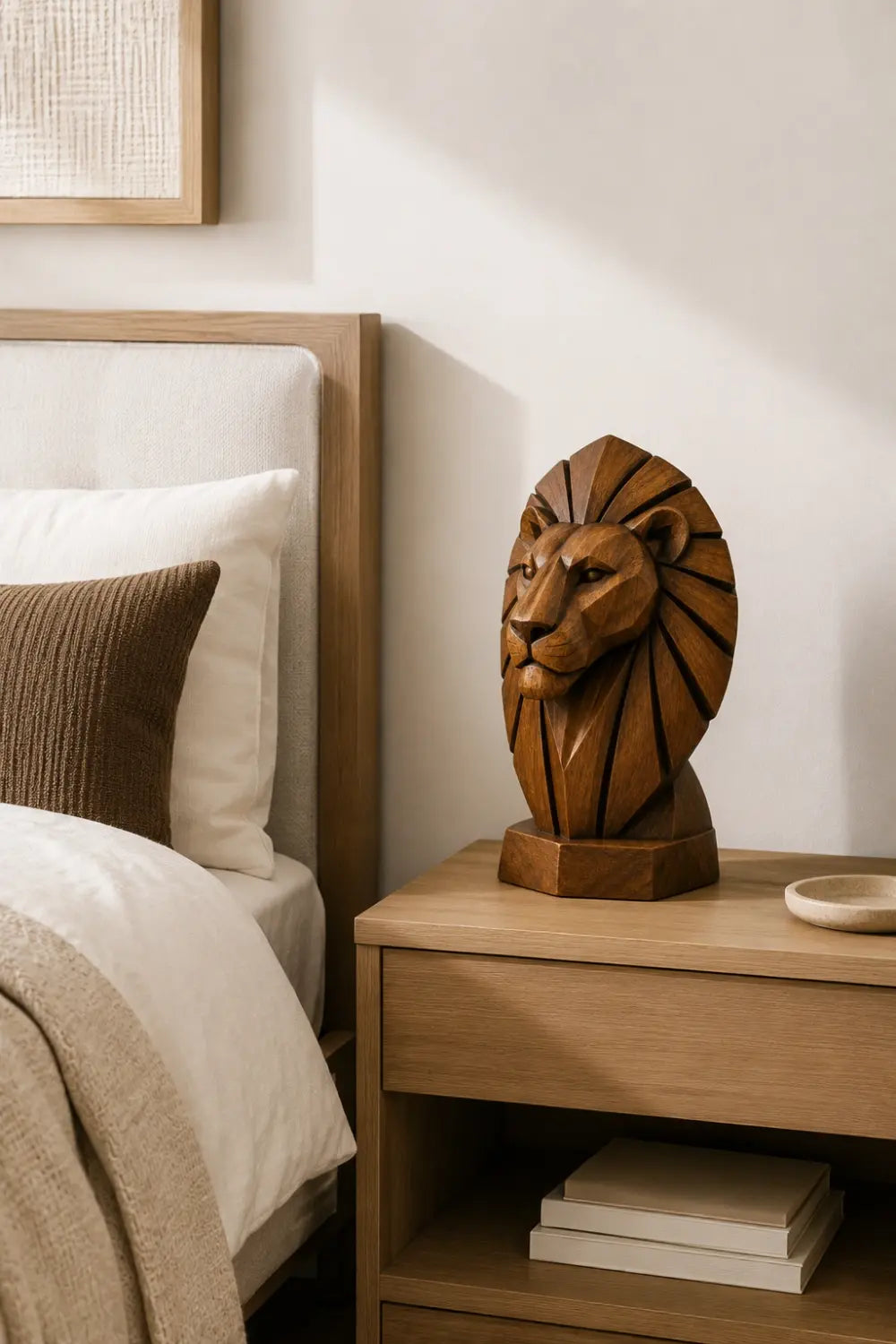 Geometric Wooden Lion Head Sculpture | Hand Carved Abstract Animal Accent