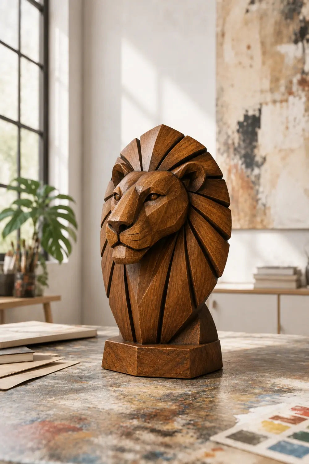 Geometric Wooden Lion Head Sculpture | Hand Carved Abstract Animal Accent