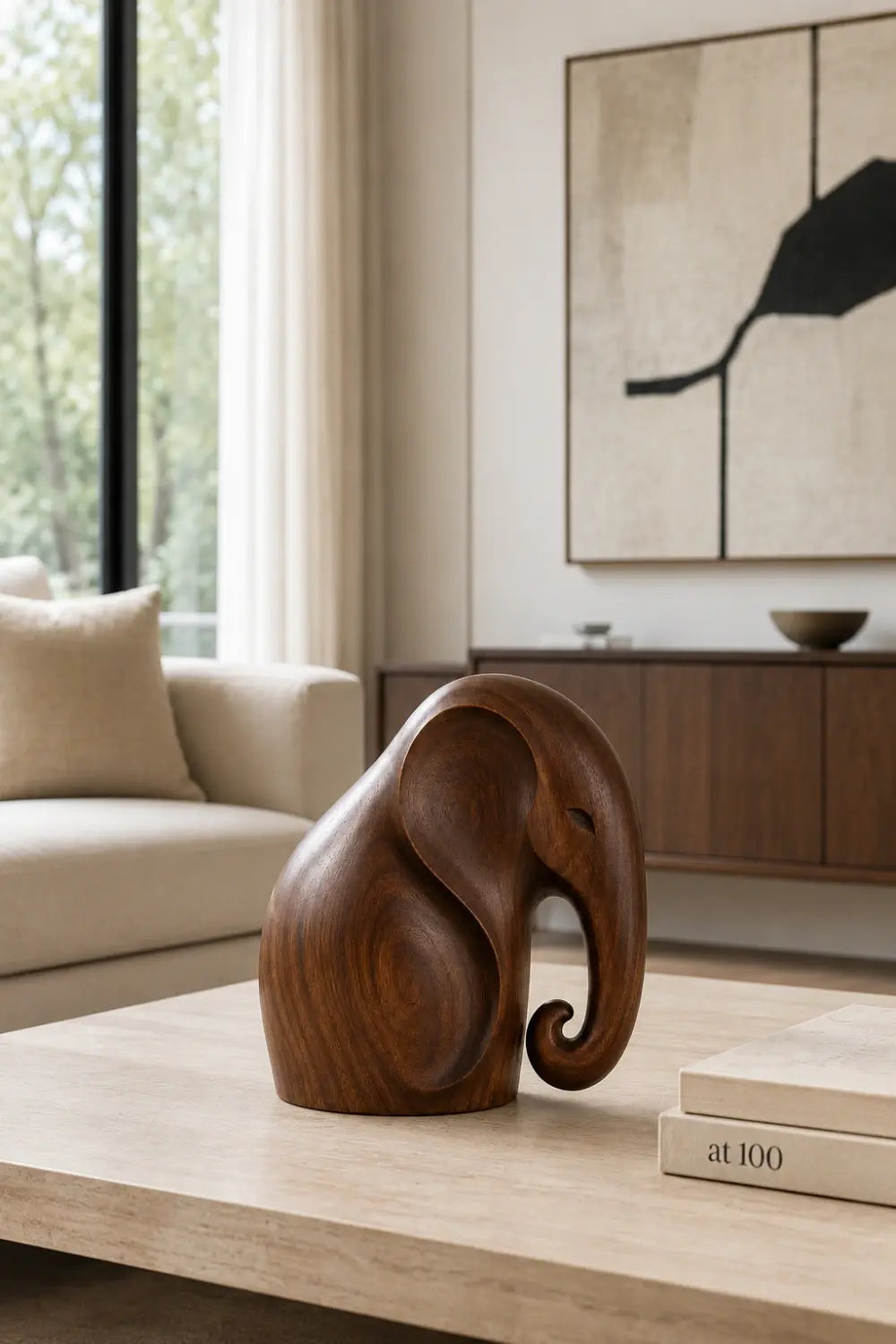 Smooth Wooden Elephant Statue Figurine | Sleek Modern Animal Table Decor
