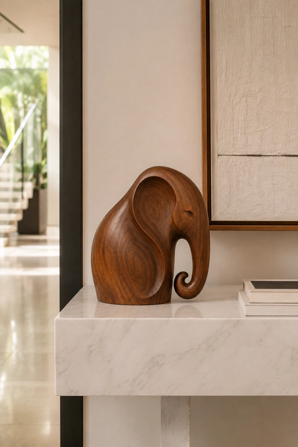 Smooth Wooden Elephant Statue Figurine | Sleek Modern Animal Table Decor