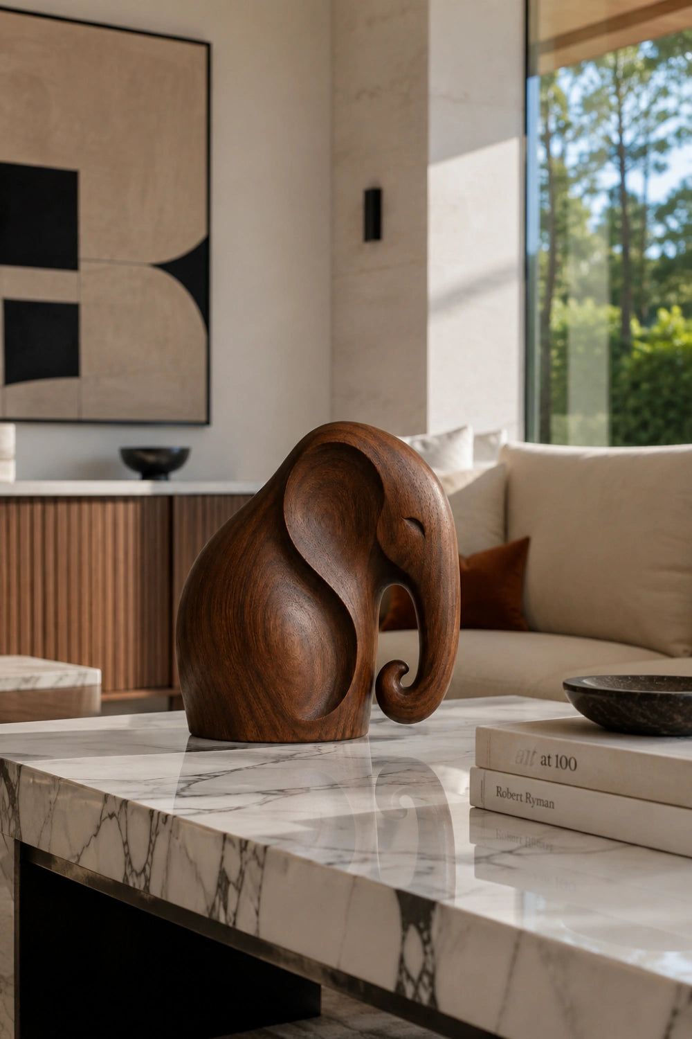 Smooth Wooden Elephant Statue Figurine | Sleek Modern Animal Table Decor