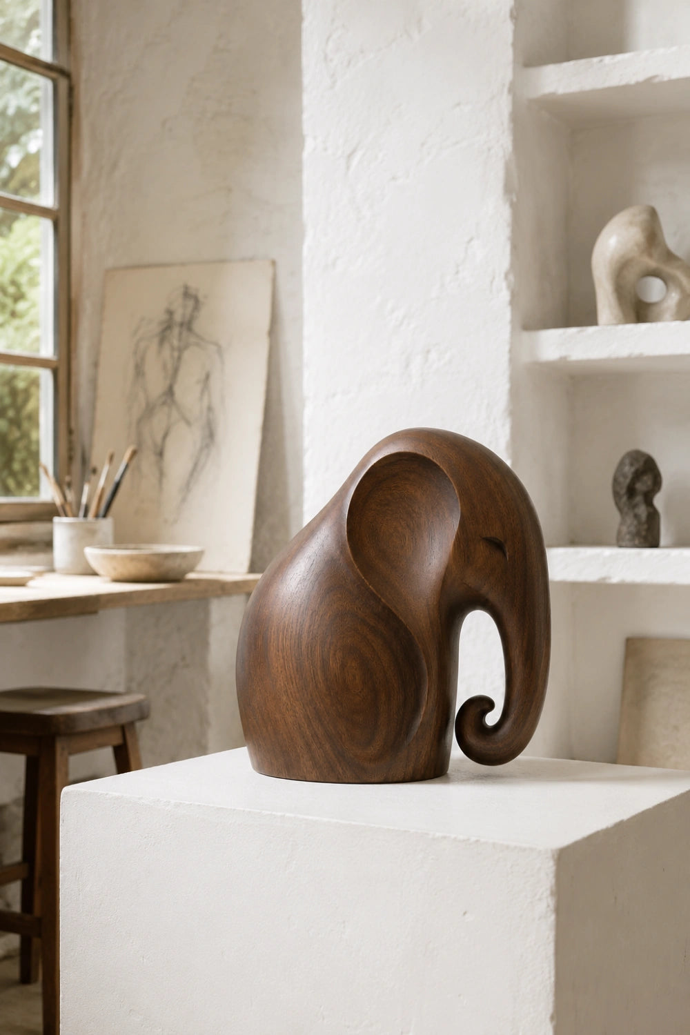 Smooth Wooden Elephant Statue Figurine | Sleek Modern Animal Table Decor