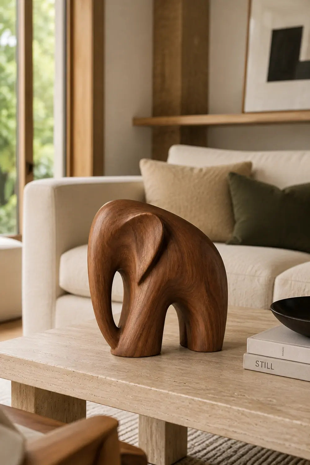 Handcarved Standing Wooden Elephant Figurine | Nordic Animal Desk Sculpture