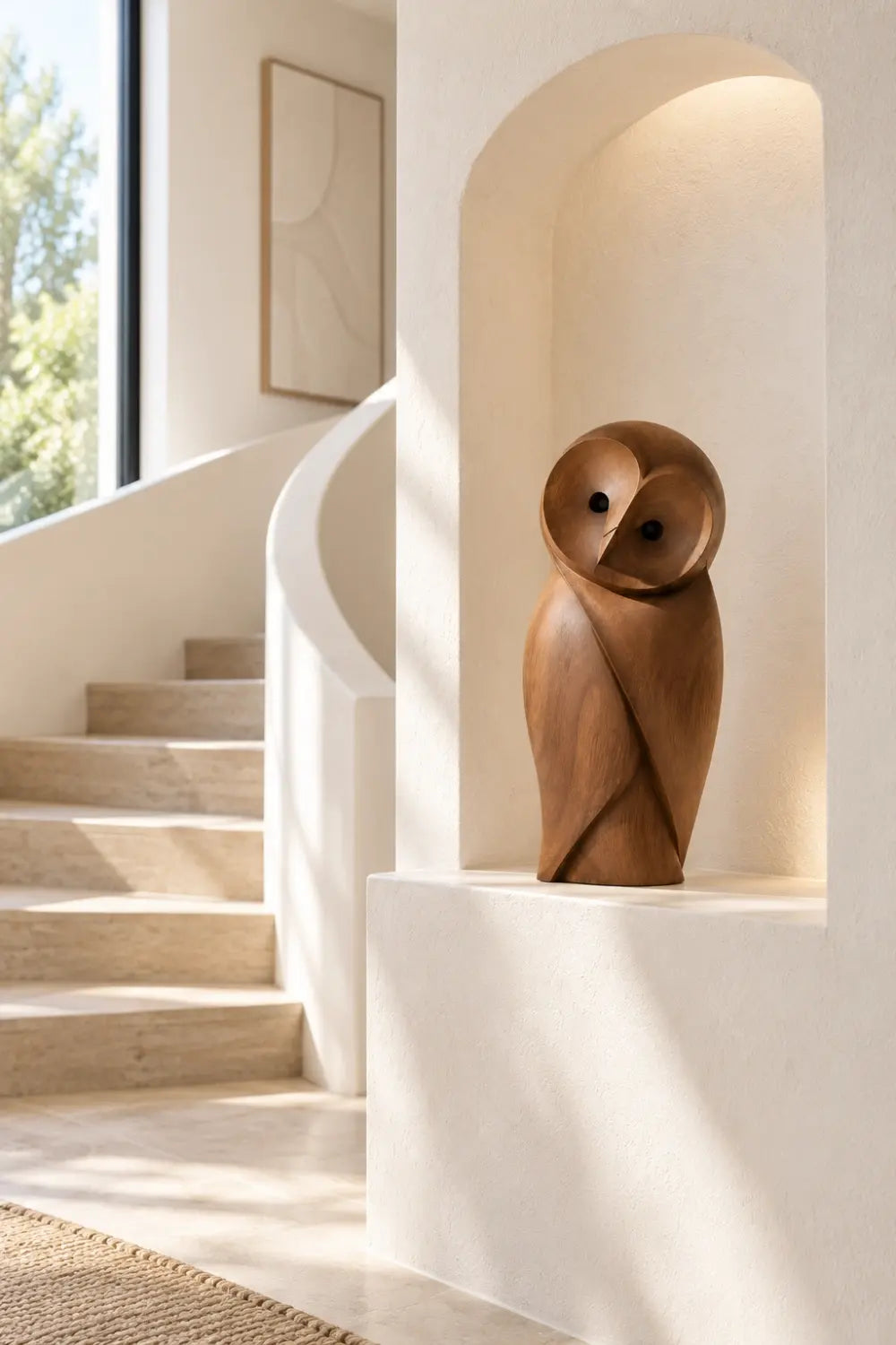 Minimalist Carved Wooden Owl Statue | Modern Bird Figurine Tabletop Art Decor