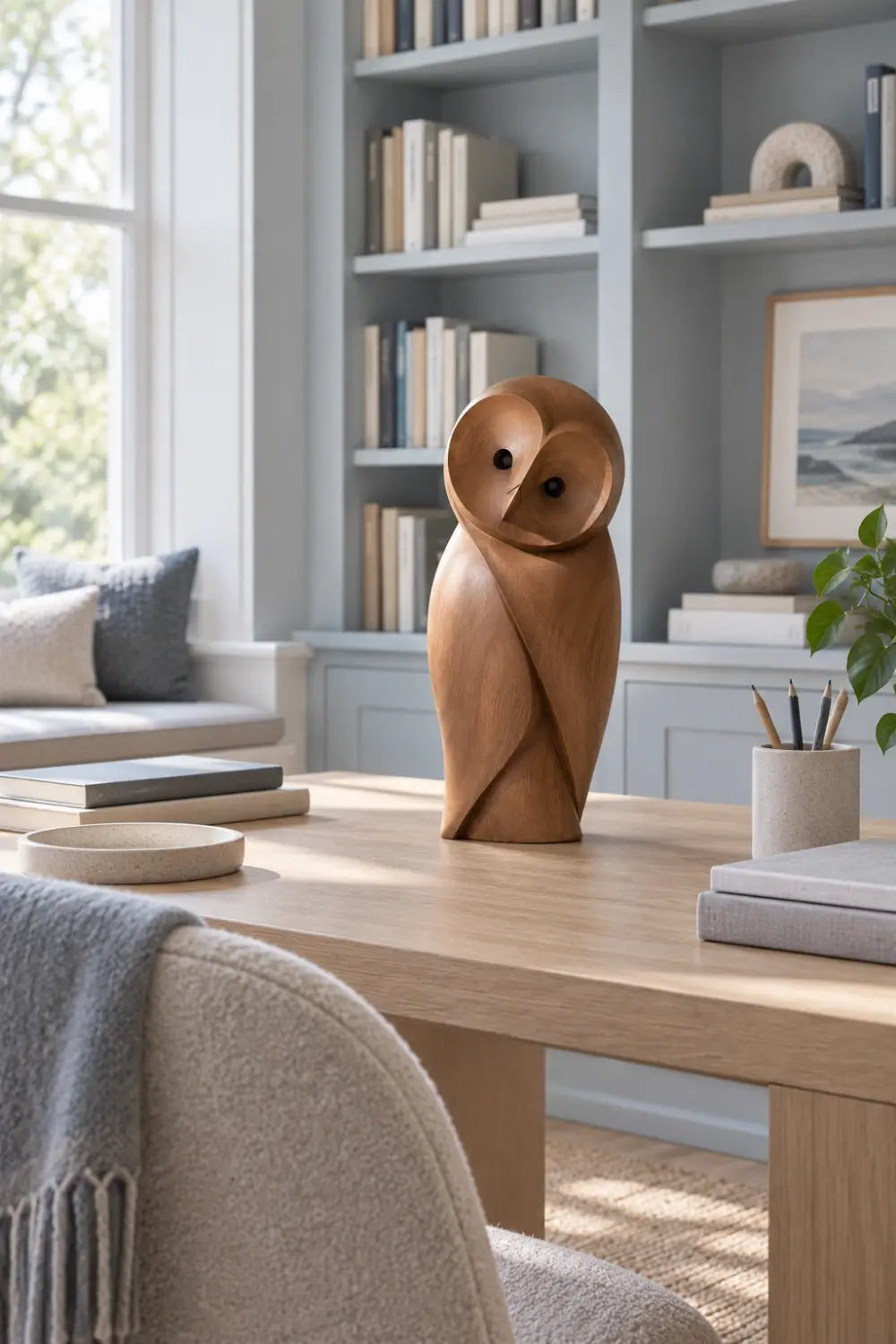 Minimalist Carved Wooden Owl Statue | Modern Bird Figurine Tabletop Art Decor