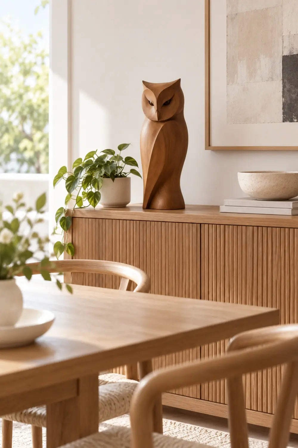 Sleek Wooden Owl Statue Sculpture | Hand Carved Modern Bird Accent Decor