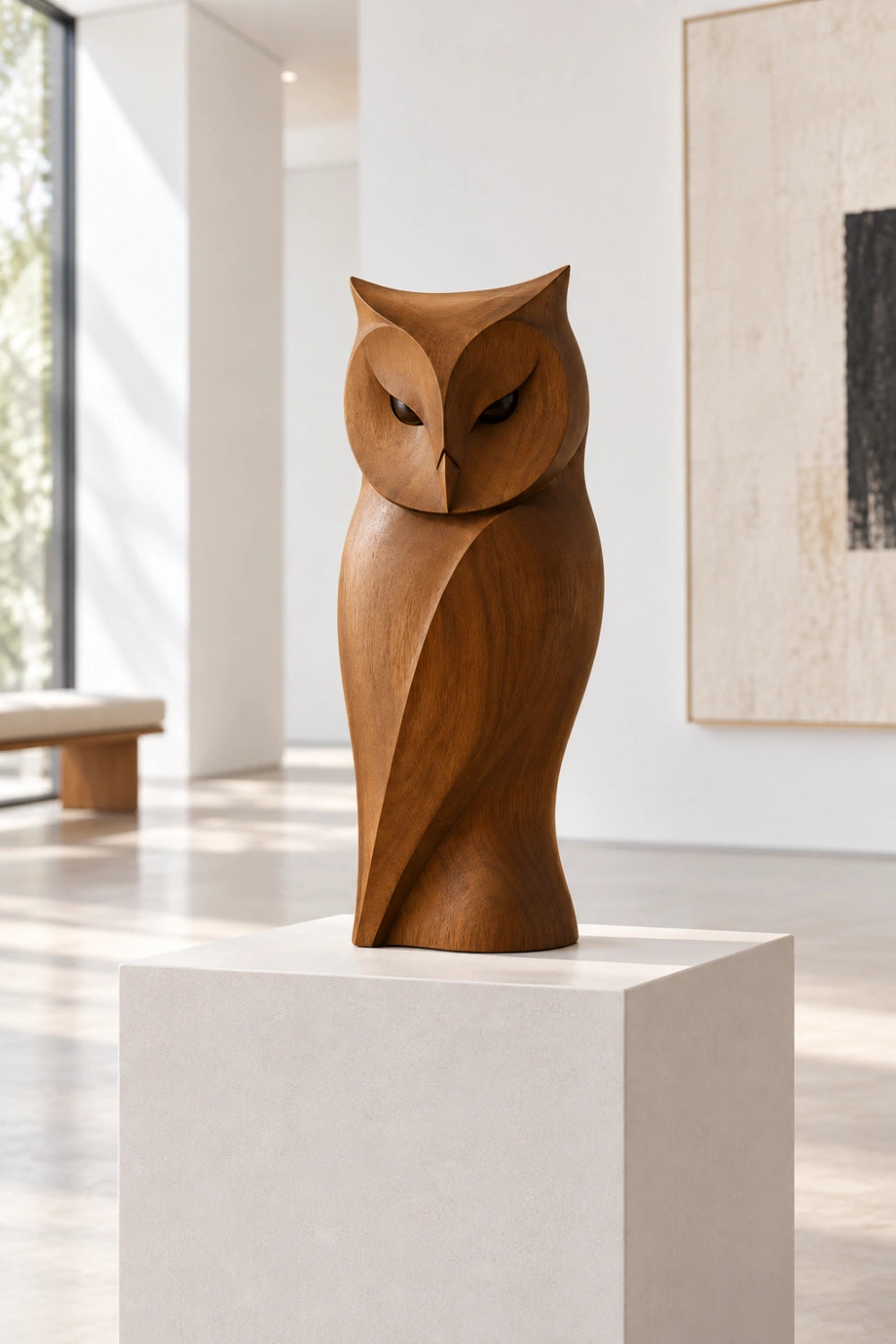 Sleek Wooden Owl Statue Sculpture | Hand Carved Modern Bird Accent Decor