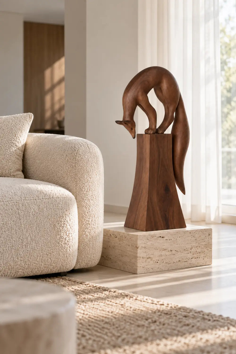 Carved Wooden Fox Statue On Pedestal | Modern Wildlife Animal Figurine Art Decor