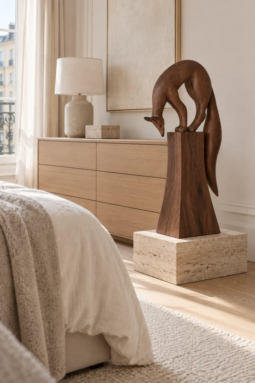 Carved Wooden Fox Statue On Pedestal | Modern Wildlife Animal Figurine Art Decor