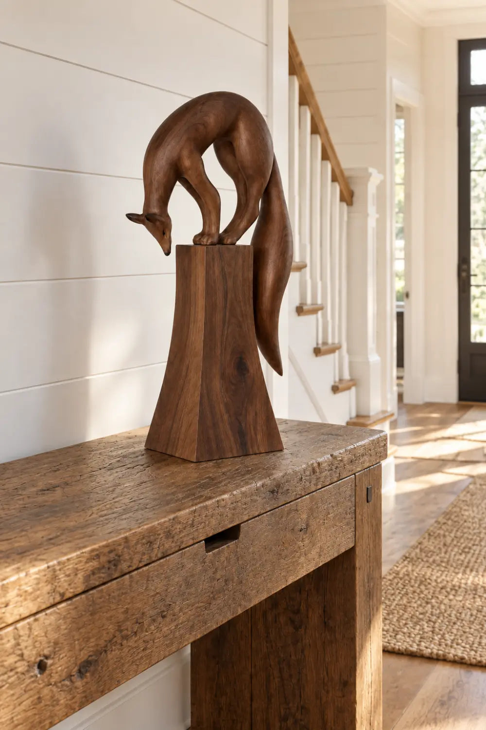 Carved Wooden Fox Statue On Pedestal | Modern Wildlife Animal Figurine Art Decor