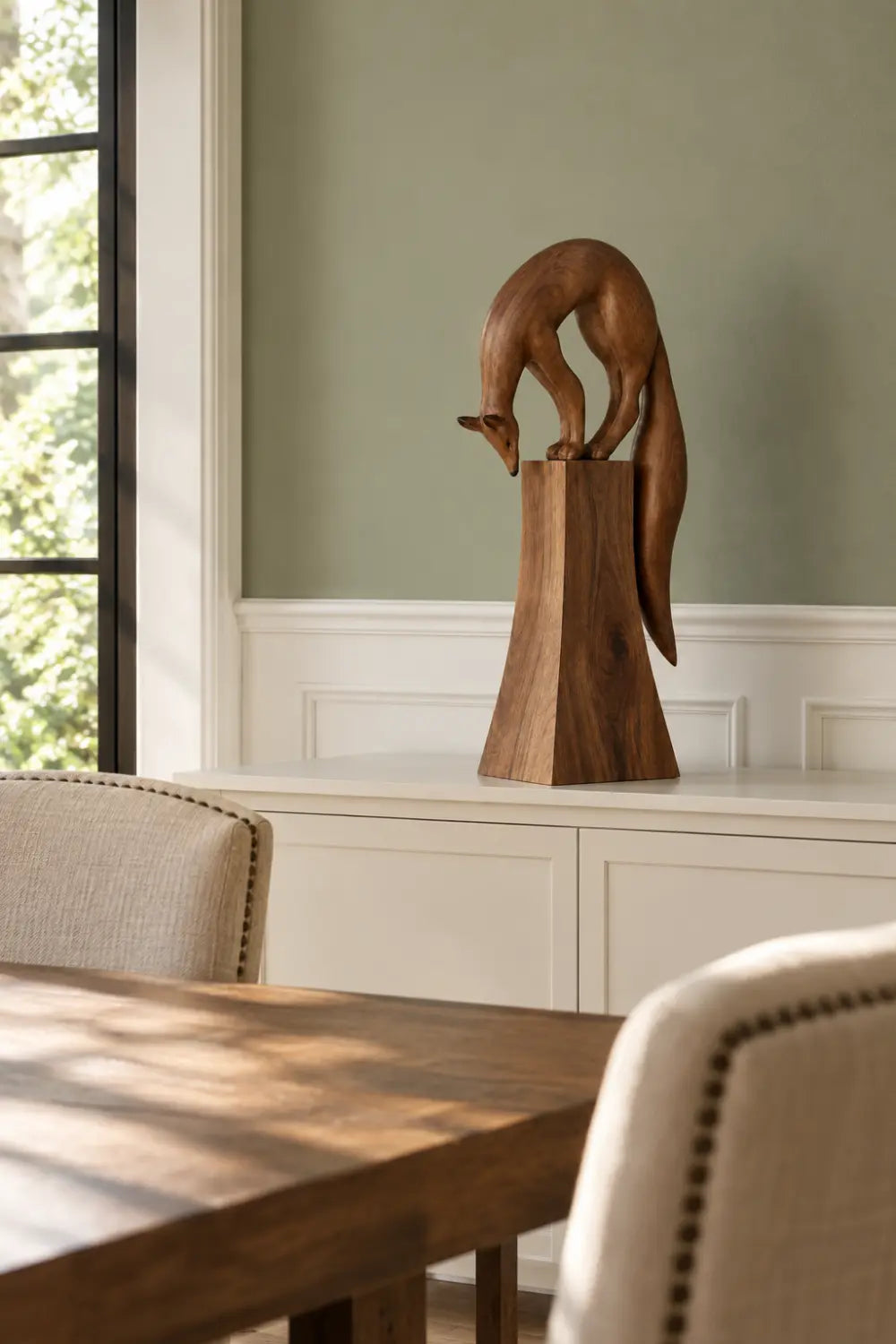 Carved Wooden Fox Statue On Pedestal | Modern Wildlife Animal Figurine Art Decor