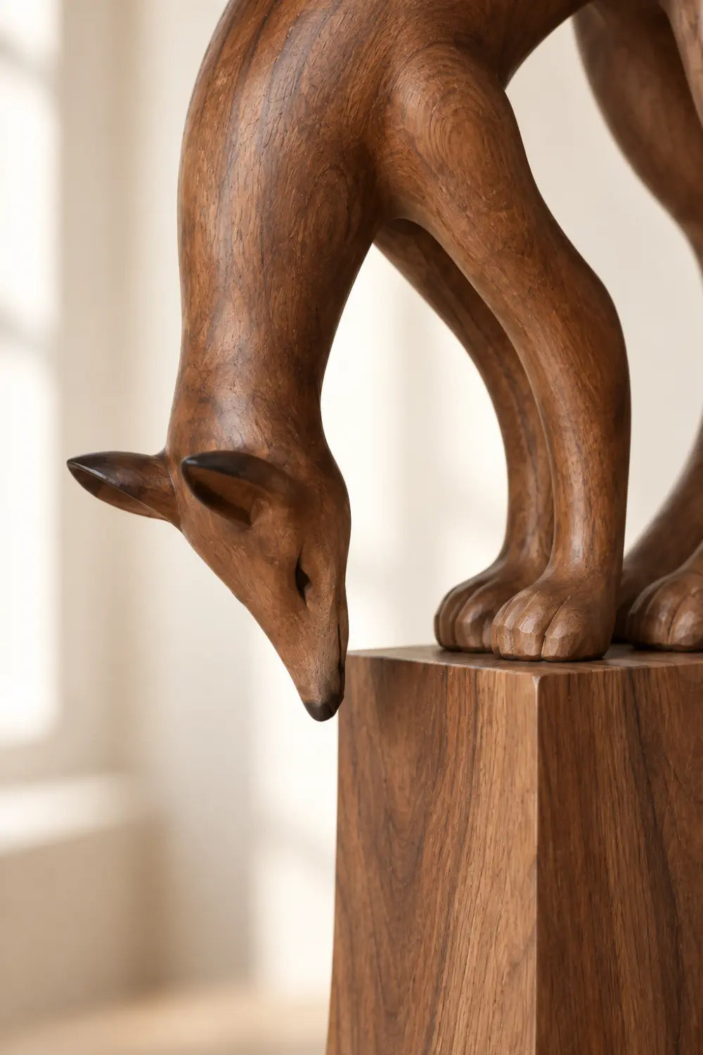 Carved Wooden Fox Statue On Pedestal | Modern Wildlife Animal Figurine Art Decor