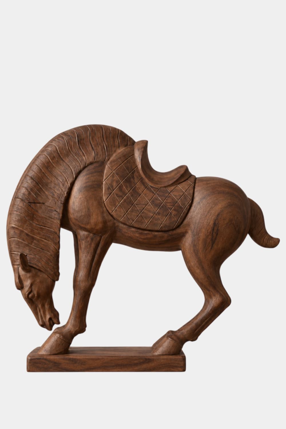 Carved Wooden Equestrian Horse Statue | Rustic Bowing Horse Tabletop Accent Decor