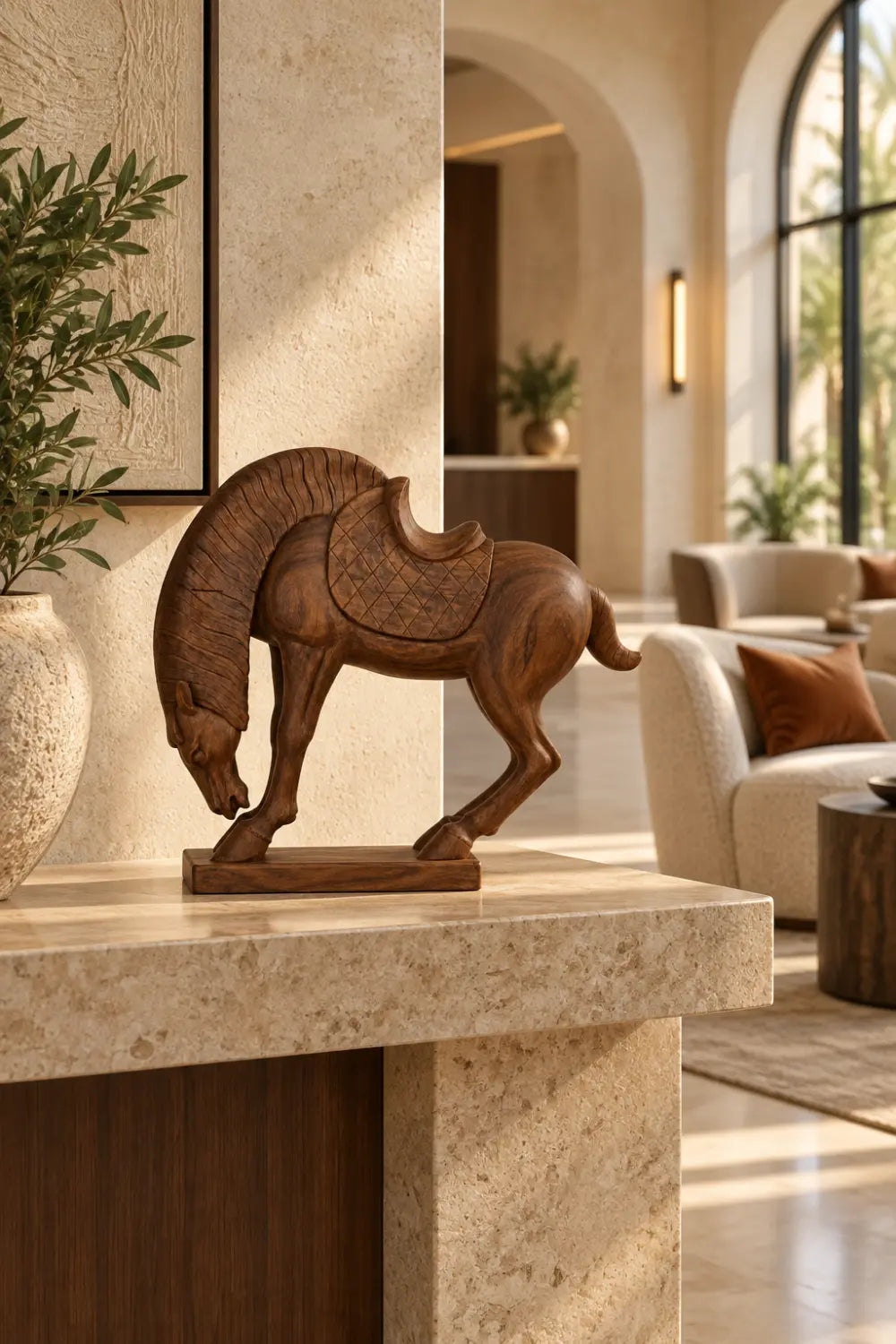 Carved Wooden Equestrian Horse Statue | Rustic Bowing Horse Tabletop Accent Decor