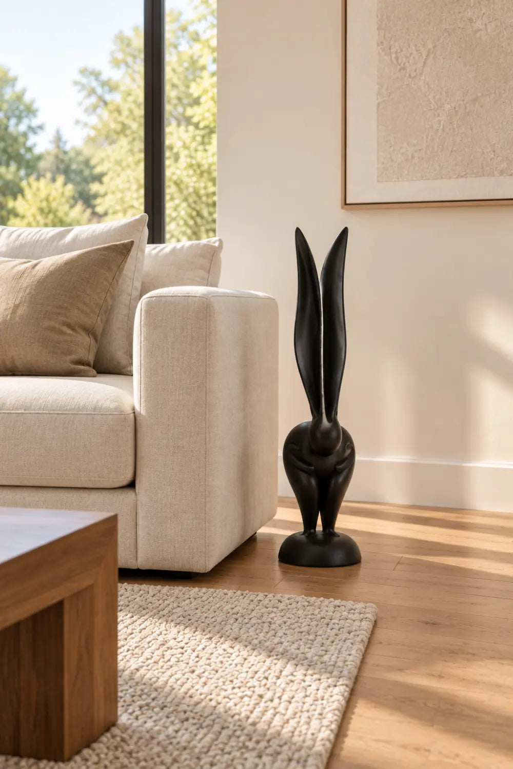 Minimalist Wooden Rabbit Statue | Sleek Long Eared Bunny Figurine Tabletop Decor