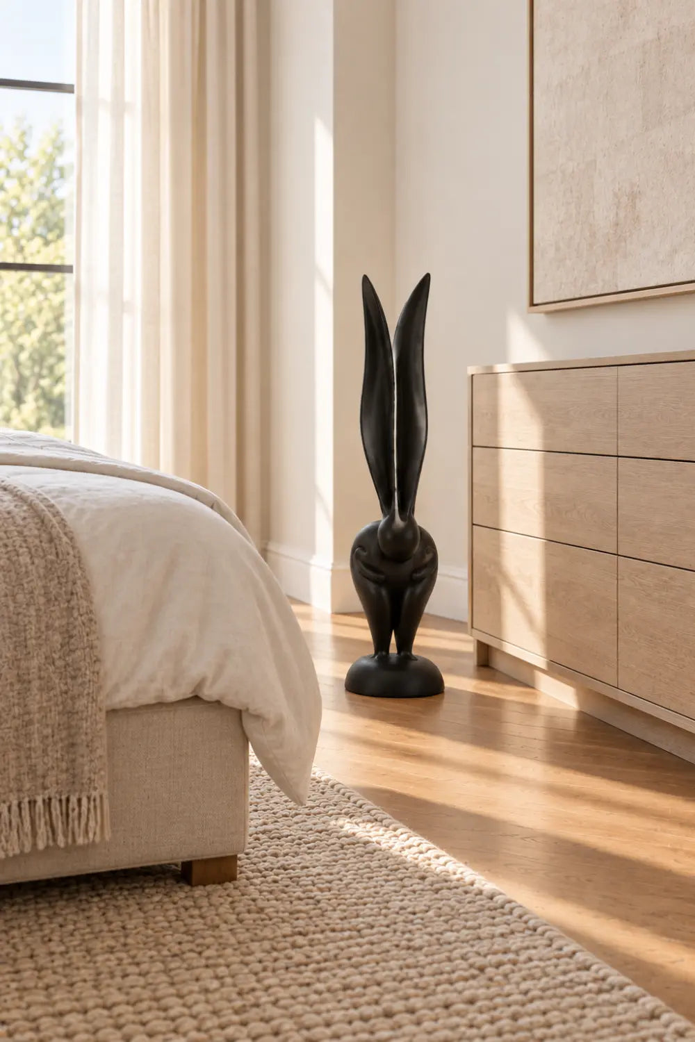 Minimalist Wooden Rabbit Statue | Sleek Long Eared Bunny Figurine Tabletop Decor