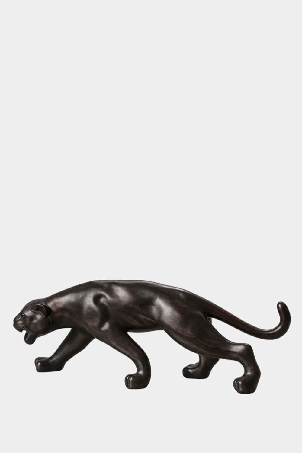 Carved Dark Wooden Prowling Panther Statue | Sleek Black Leopard Animal Sculpture