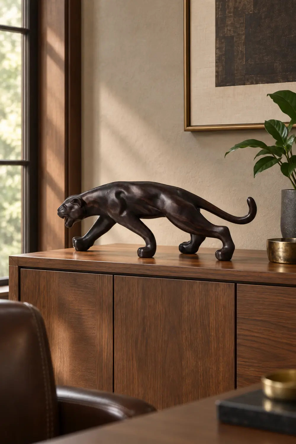 Carved Dark Wooden Prowling Panther Statue | Sleek Black Leopard Animal Sculpture
