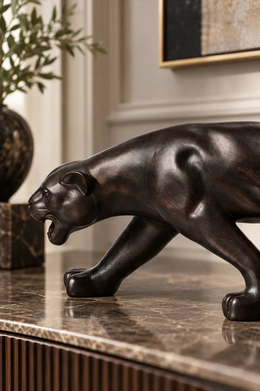 Carved Dark Wooden Prowling Panther Statue | Sleek Black Leopard Animal Sculpture