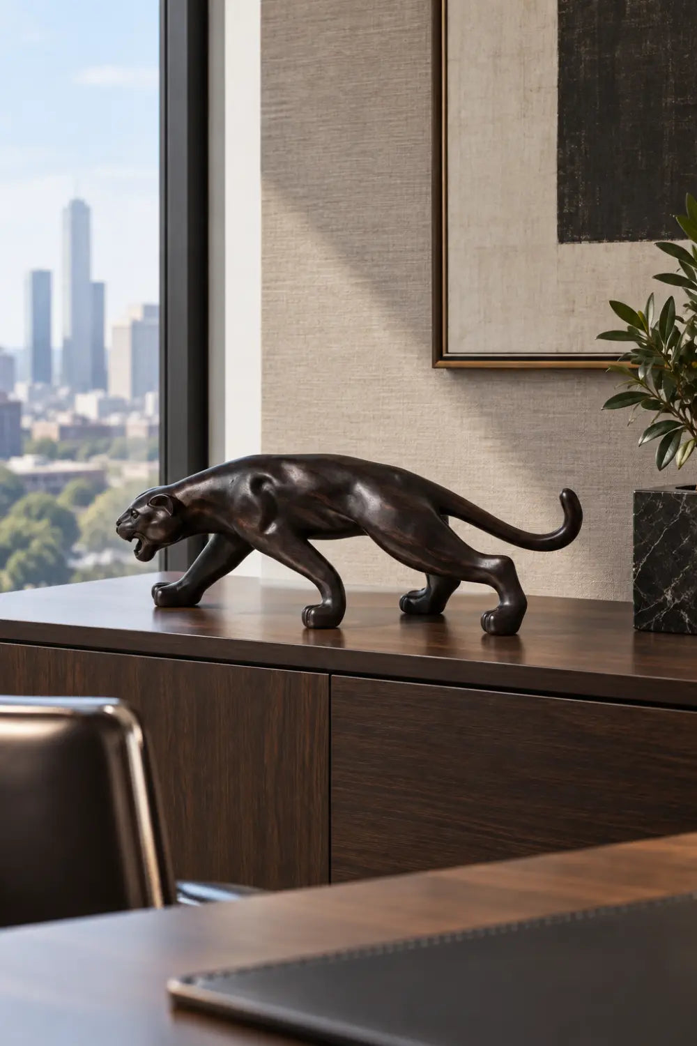 Carved Dark Wooden Prowling Panther Statue | Sleek Black Leopard Animal Sculpture