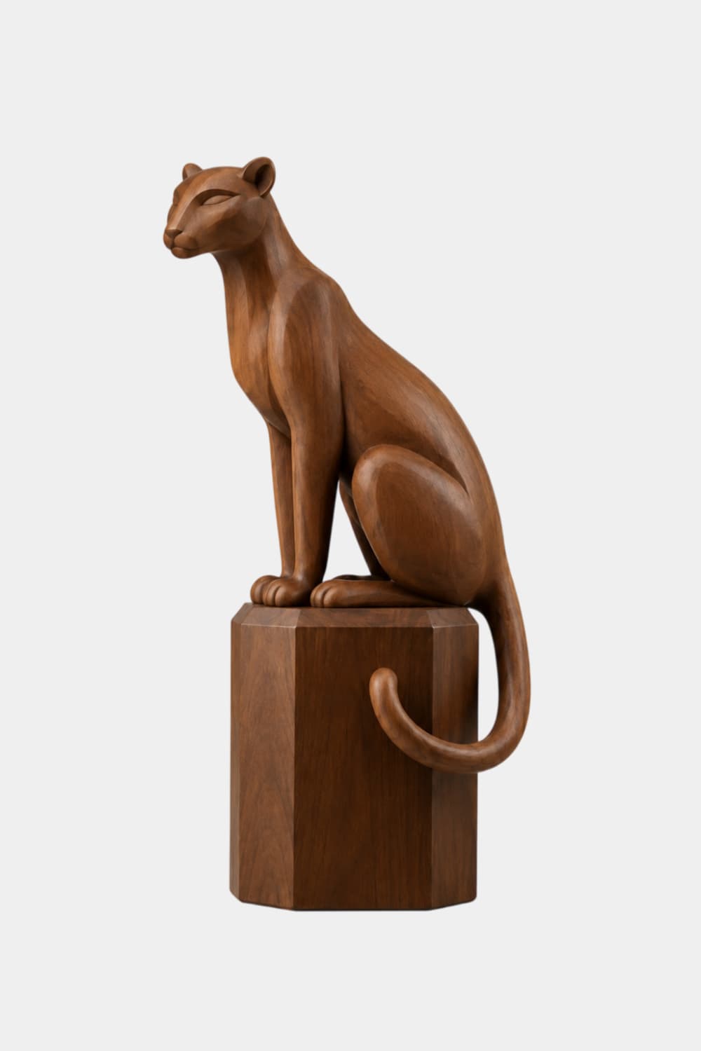 Elegant Carved Wooden Seated Panther Statue | Regal Cougar Pedestal Decor