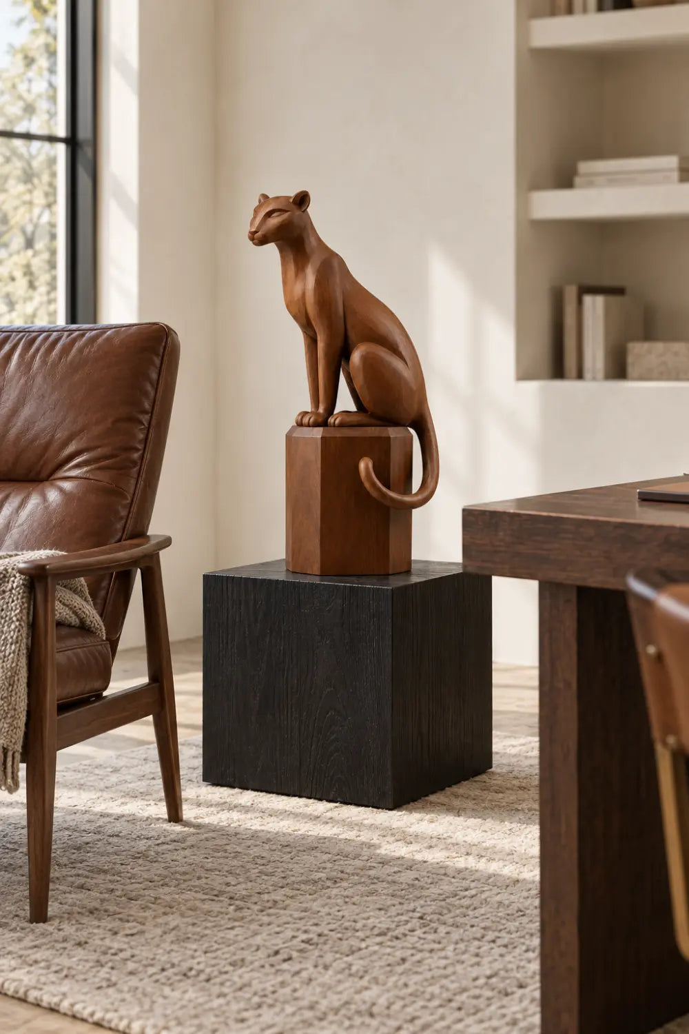 Elegant Carved Wooden Seated Panther Statue | Regal Cougar Pedestal Decor