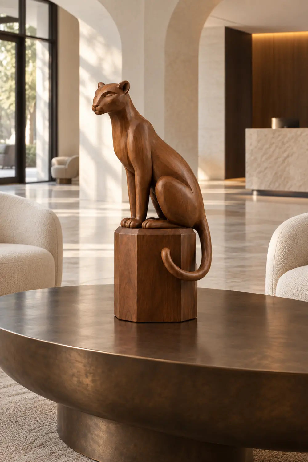 Elegant Carved Wooden Seated Panther Statue | Regal Cougar Pedestal Decor