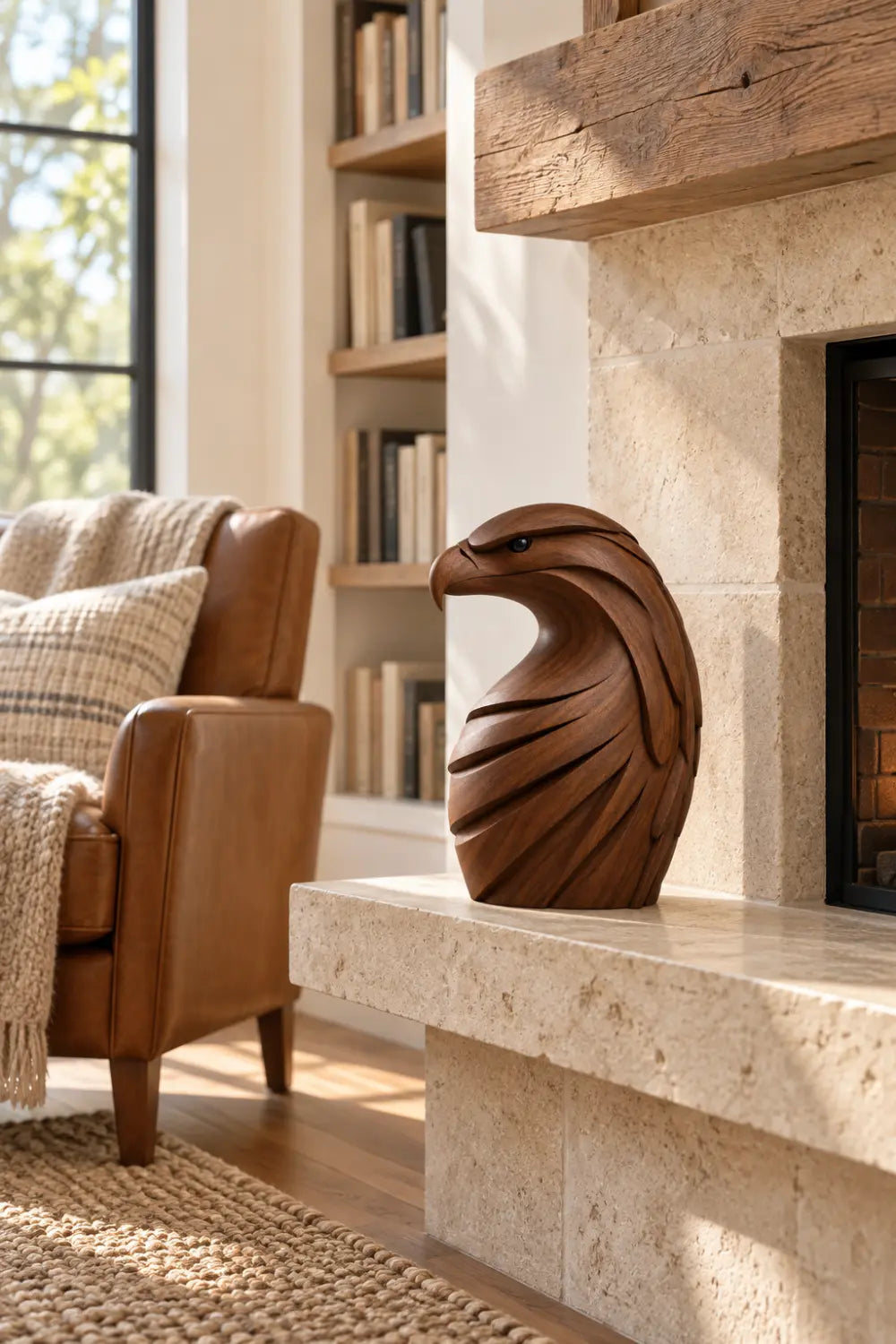Majestic Carved Wooden Eagle Bust Statue | Layered Raptor Head Office Decor