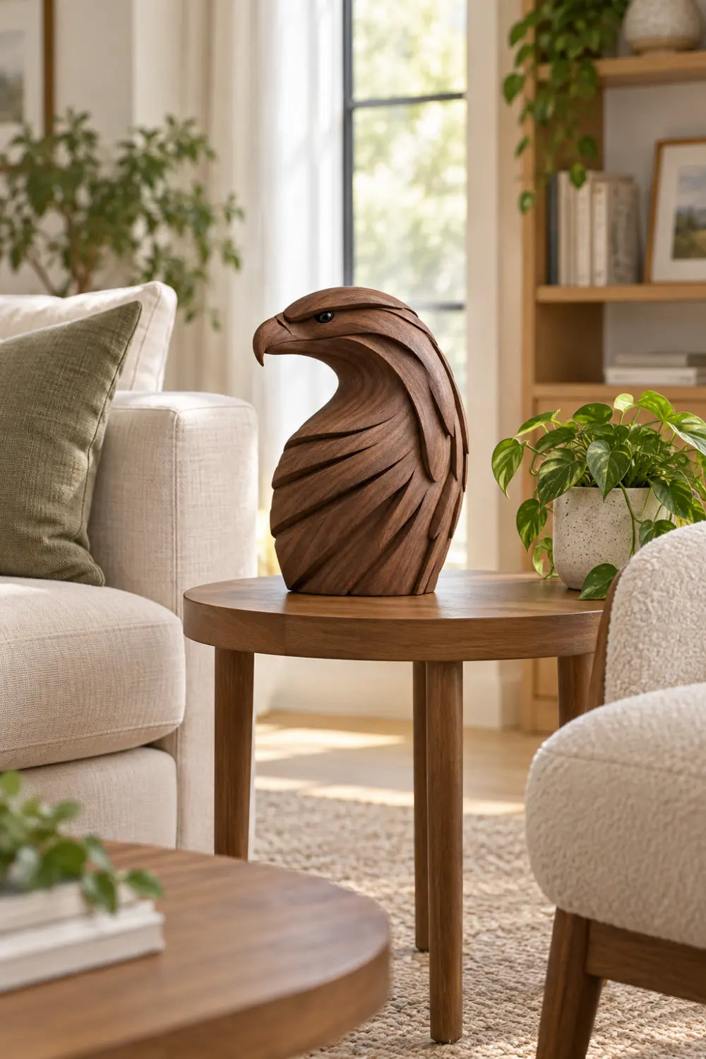 Majestic Carved Wooden Eagle Bust Statue | Layered Raptor Head Office Decor