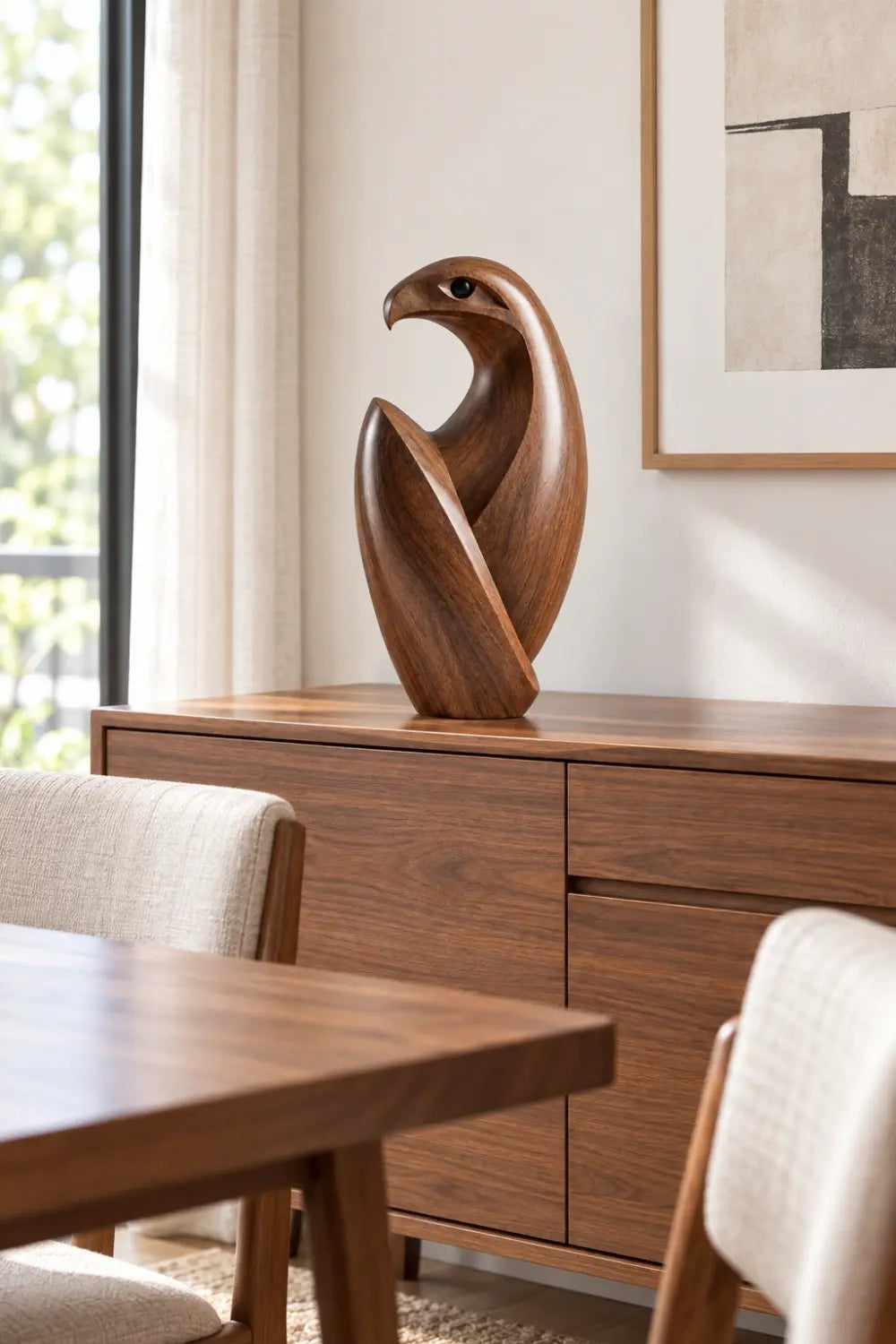 Modern Abstract Wooden Hawk Sculpture | Fluid Curved Bird Figurine Table Decor
