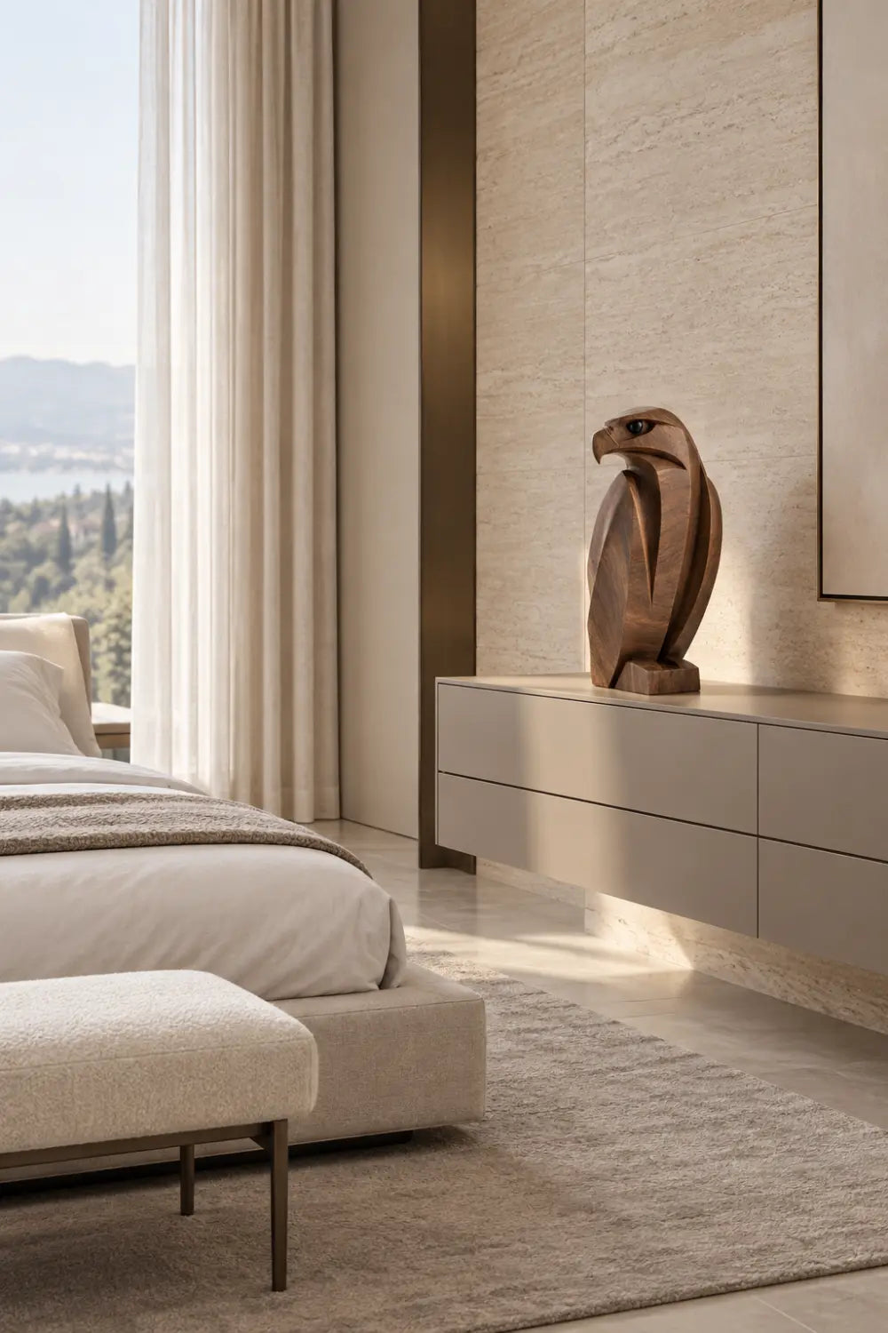 Geometric Carved Wooden Eagle Statue | Modern Faceted Bird Sculpture Home Decor