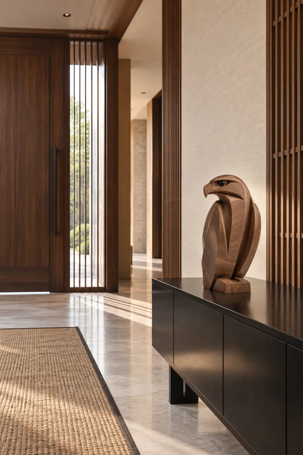 Geometric Carved Wooden Eagle Statue | Modern Faceted Bird Sculpture Home Decor