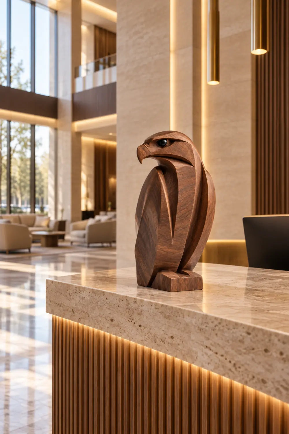 Geometric Carved Wooden Eagle Statue | Modern Faceted Bird Sculpture Home Decor