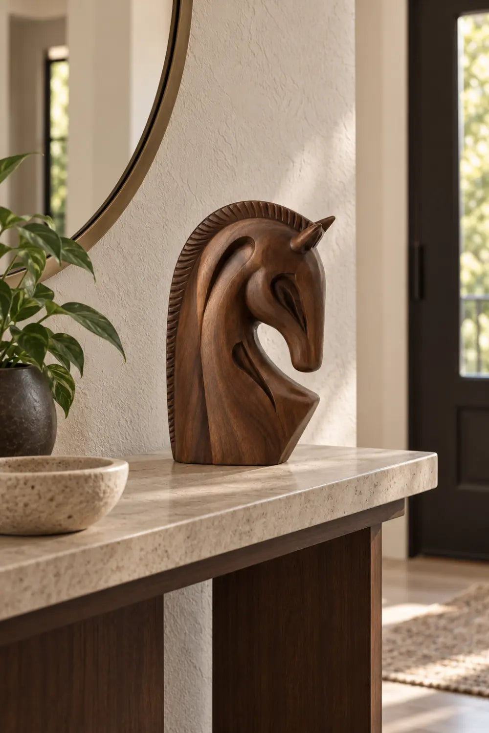 Sculpted Wooden Horse Head Statue | Modern Equestrian Bust Figurine Desk Decor