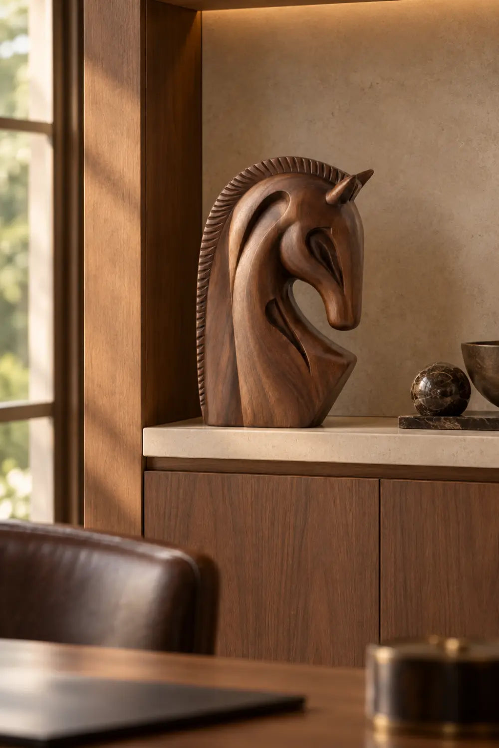 Sculpted Wooden Horse Head Statue | Modern Equestrian Bust Figurine Desk Decor