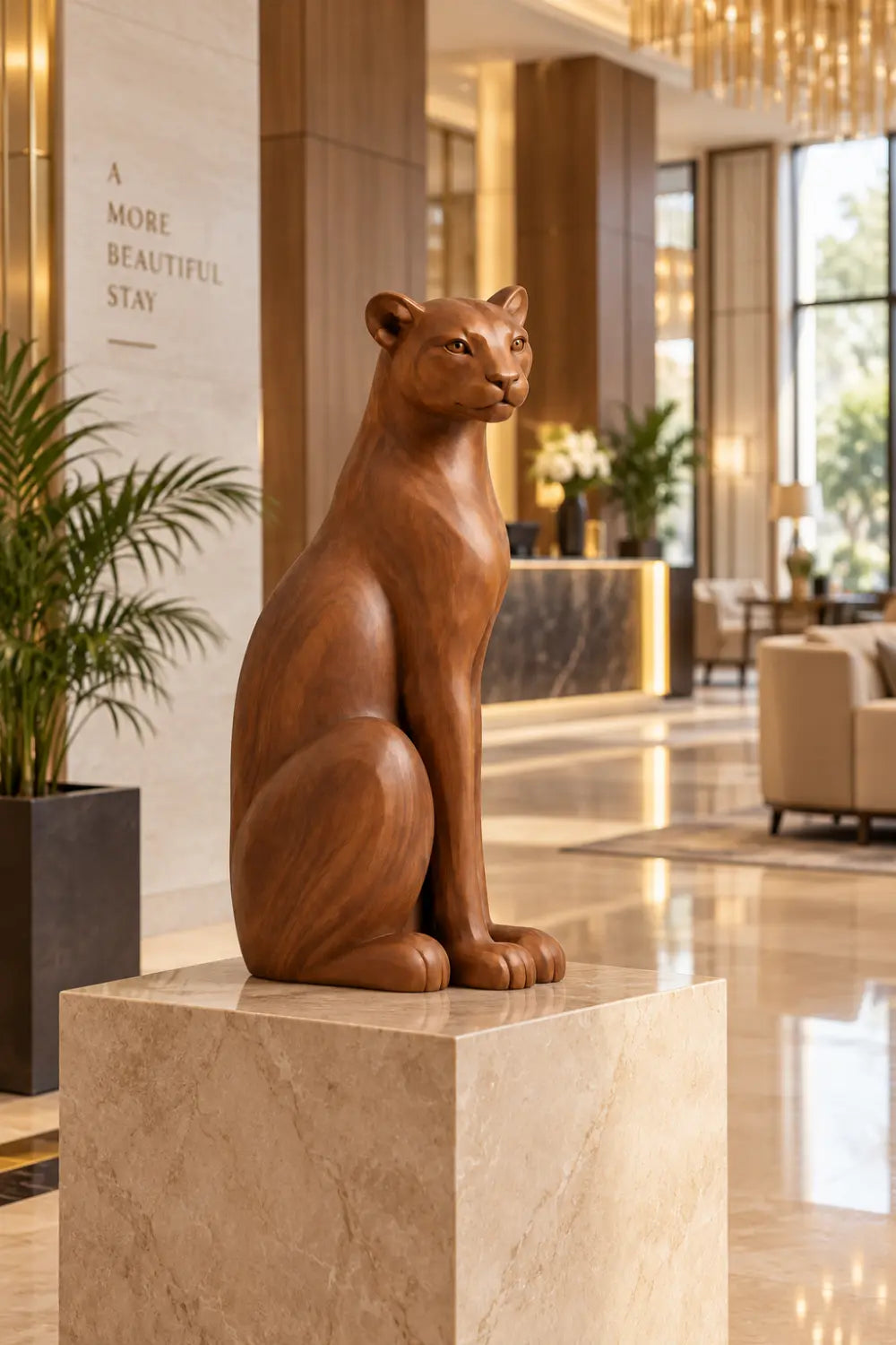 Carved Wooden Sitting Lioness Statue | Graceful Mountain Lion Figurine Home Decor