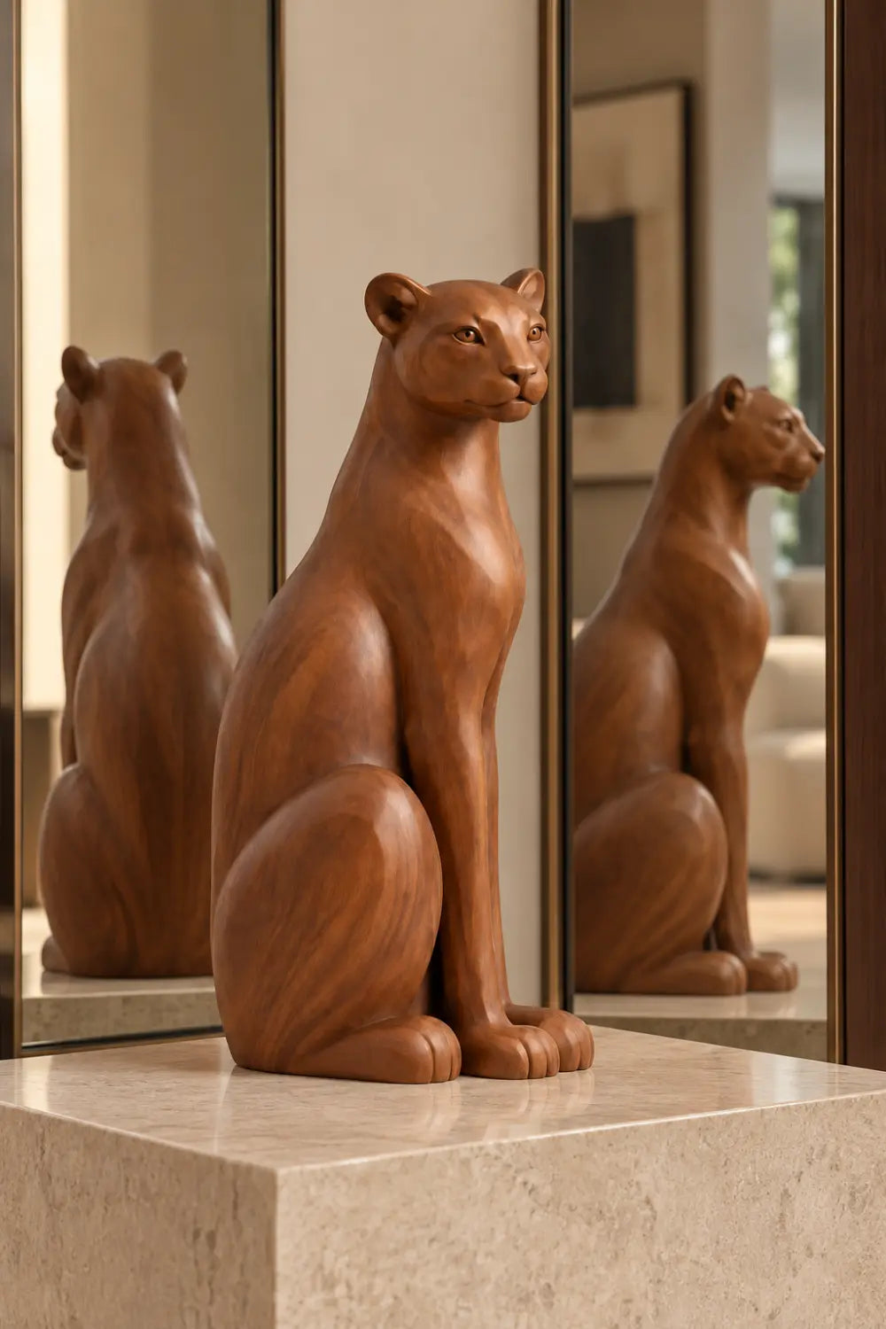 Carved Wooden Sitting Lioness Statue | Graceful Mountain Lion Figurine Home Decor