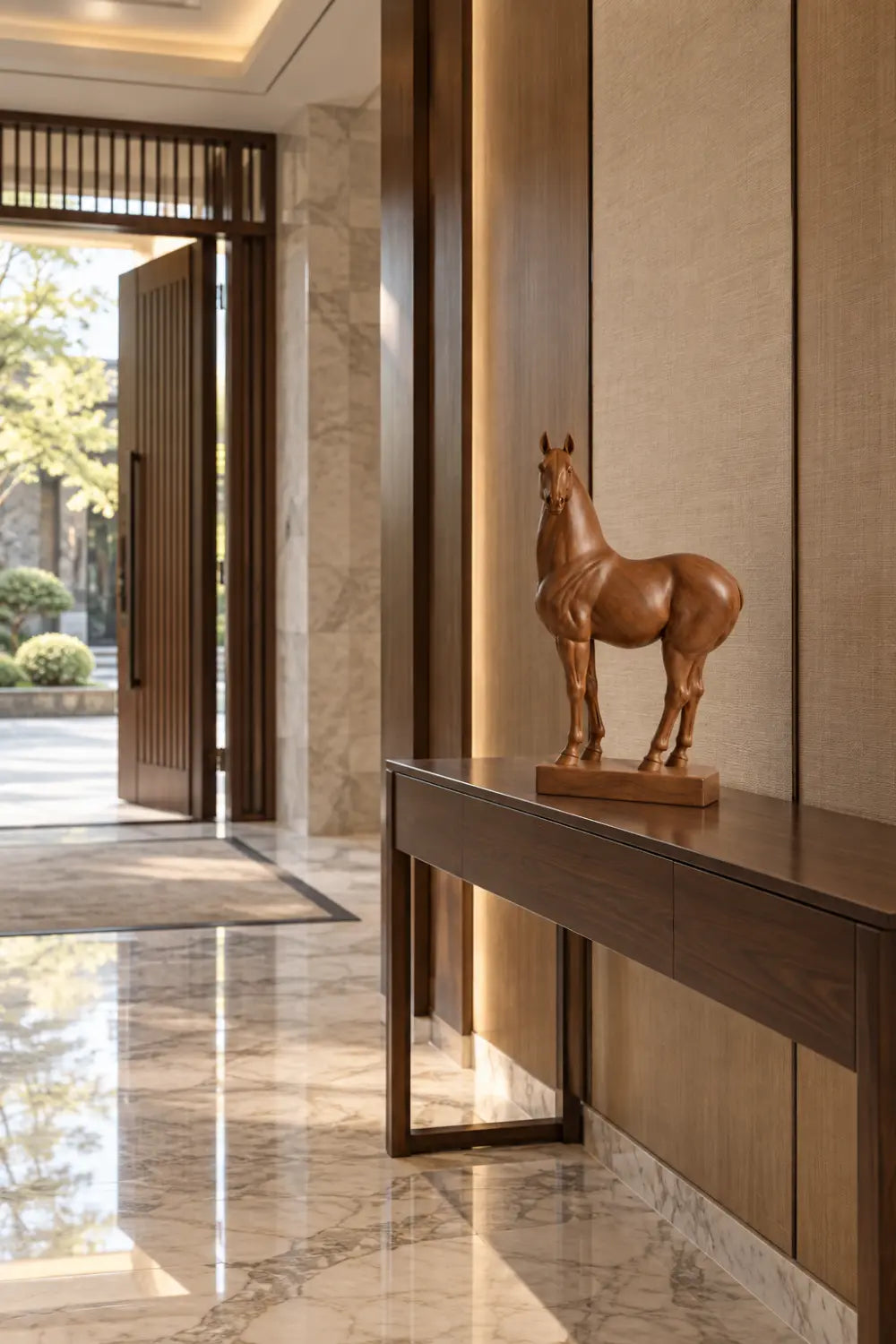 Polished Wooden Standing Horse Statue | Realistic Equine Figurine Home Decor