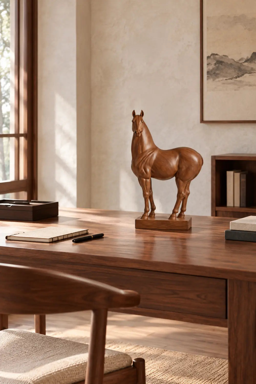 Polished Wooden Standing Horse Statue | Realistic Equine Figurine Home Decor