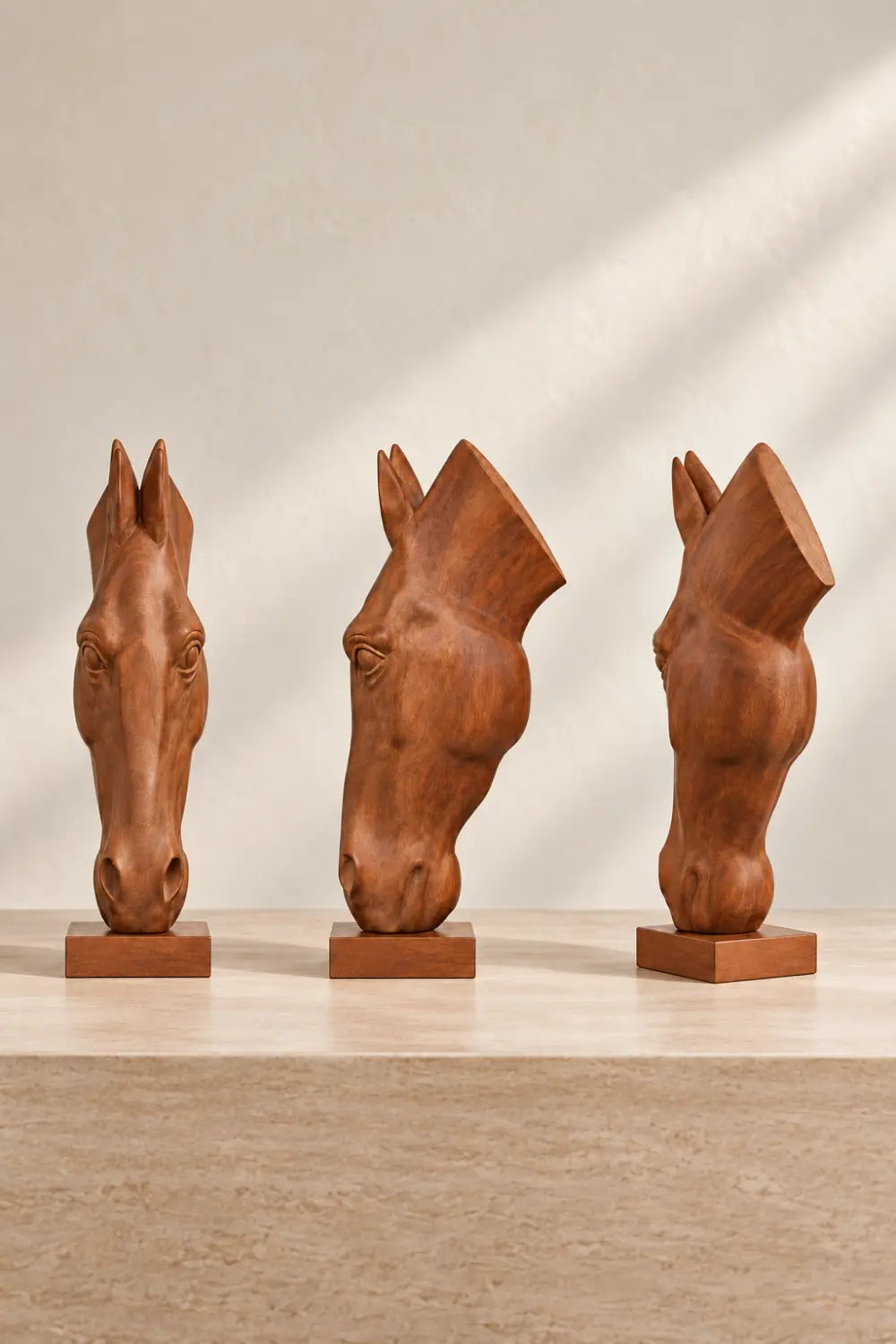 Vertical Wooden Horse Head Sculpture | Modern Equestrian Pedestal Accent Decor