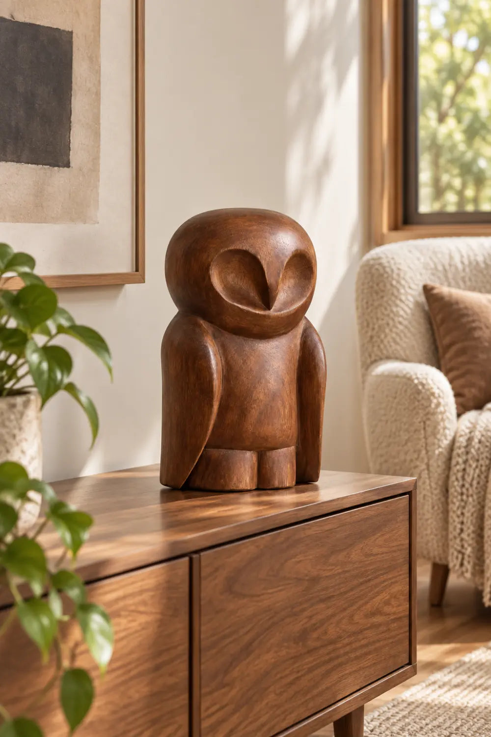 Nordic Wooden Owl Statue Sculpture | Handcrafted Smooth Bird Figurine Shelf Decor