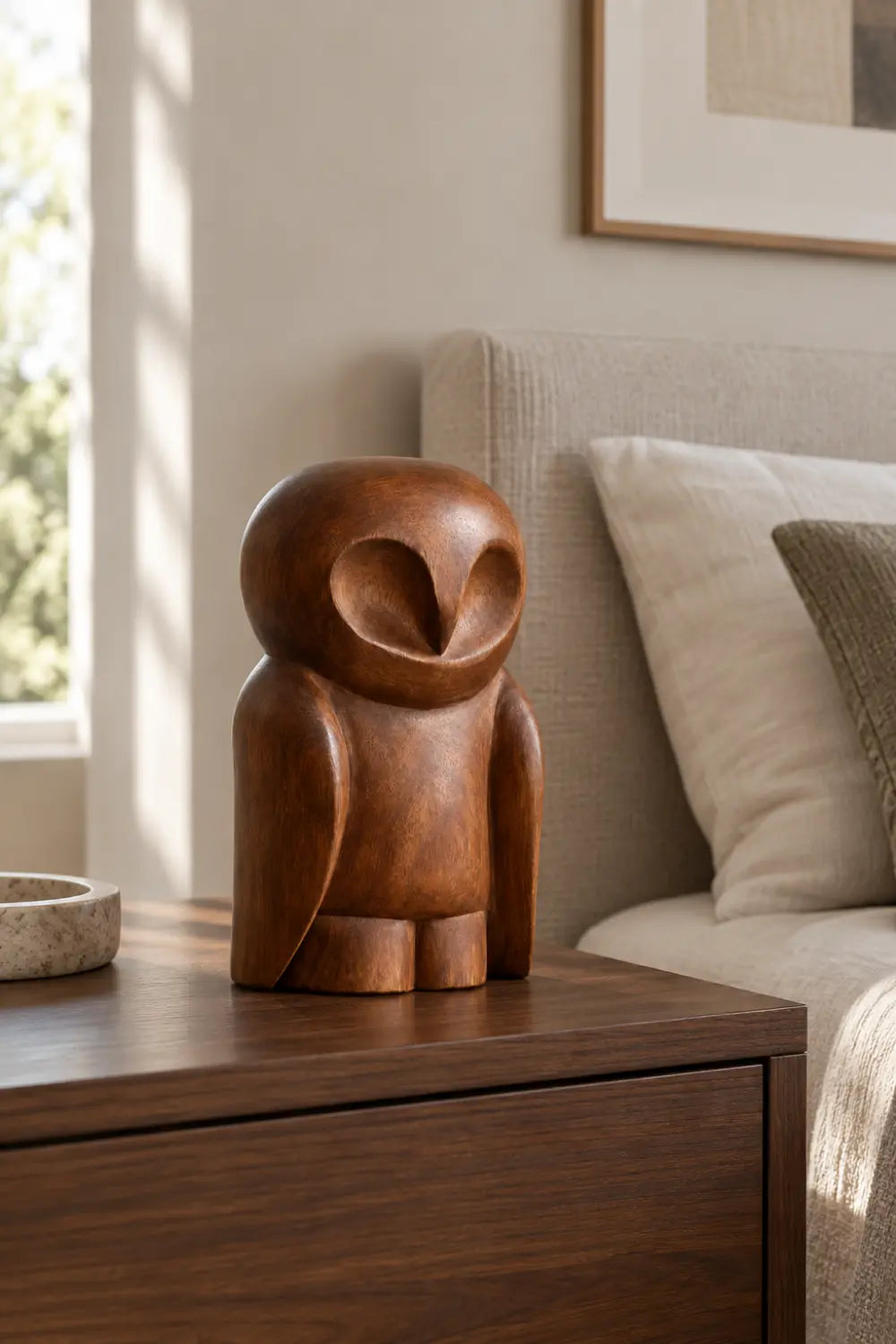 Nordic Wooden Owl Statue Sculpture | Handcrafted Smooth Bird Figurine Shelf Decor